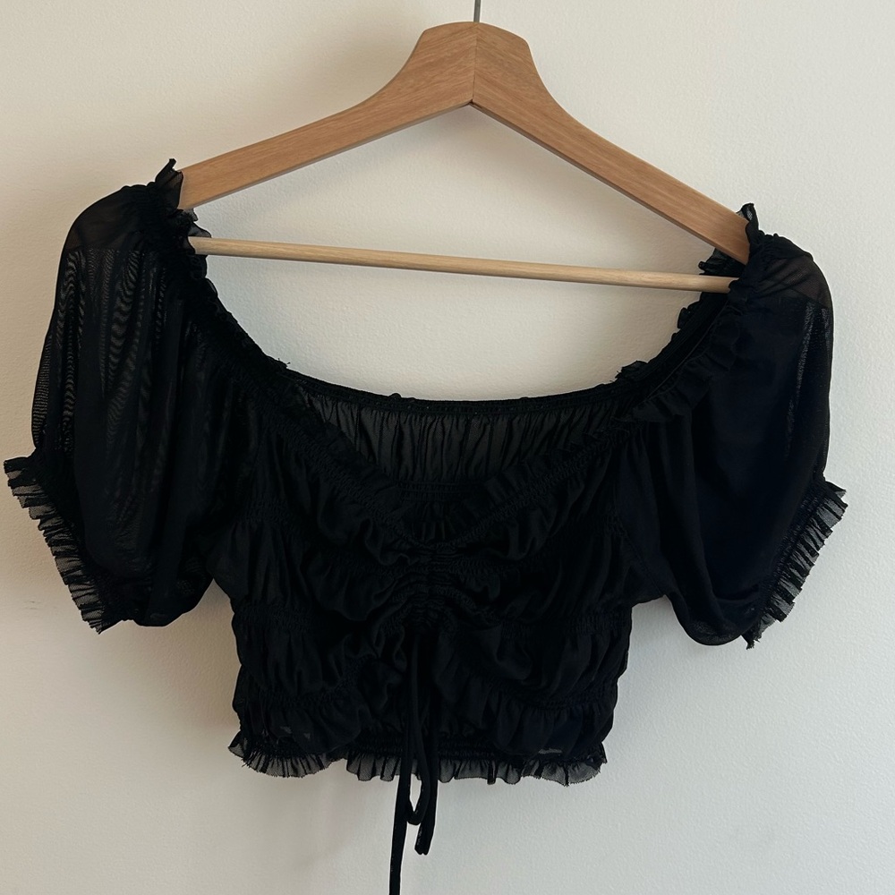 Garage Black Ruched Peasant Crop Top